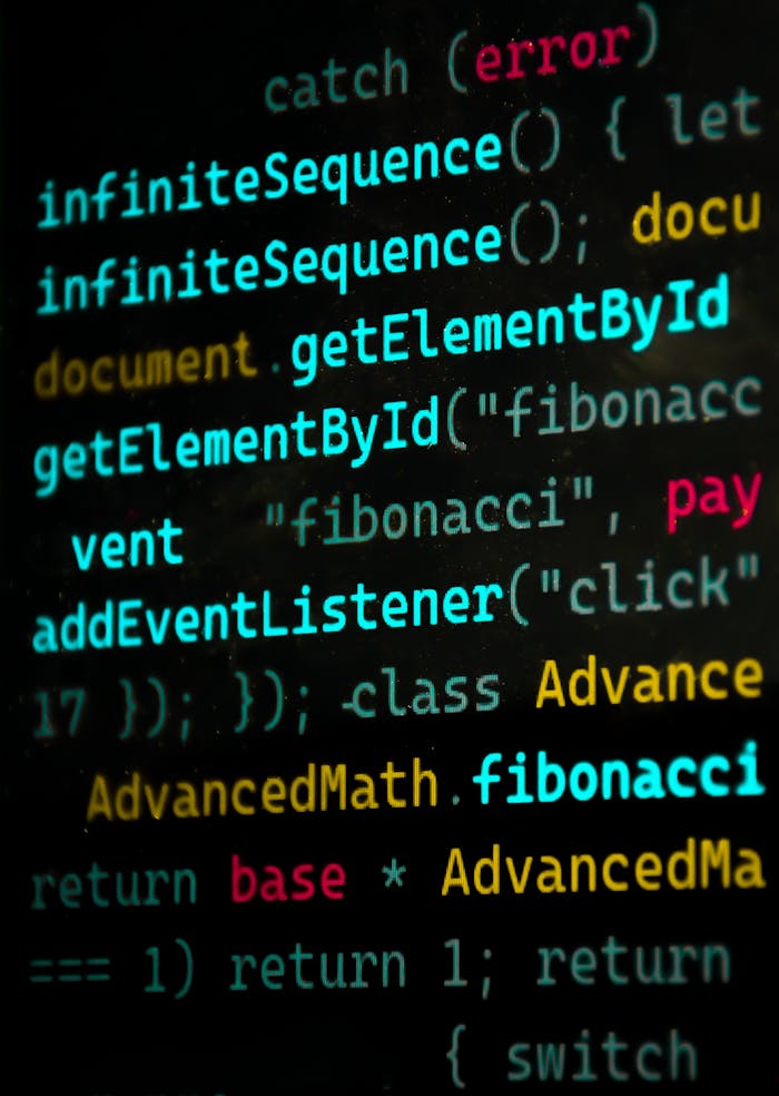 Close-up of vibrant JavaScript code featuring functions and syntax highlighting.